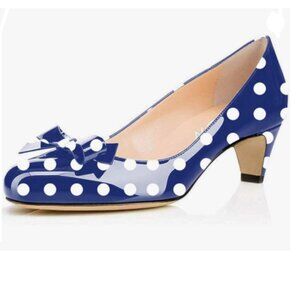 YDN Navy Polka Dots Round Toe Pumps Low Heels Shoes with Bowknot for Work Ladies